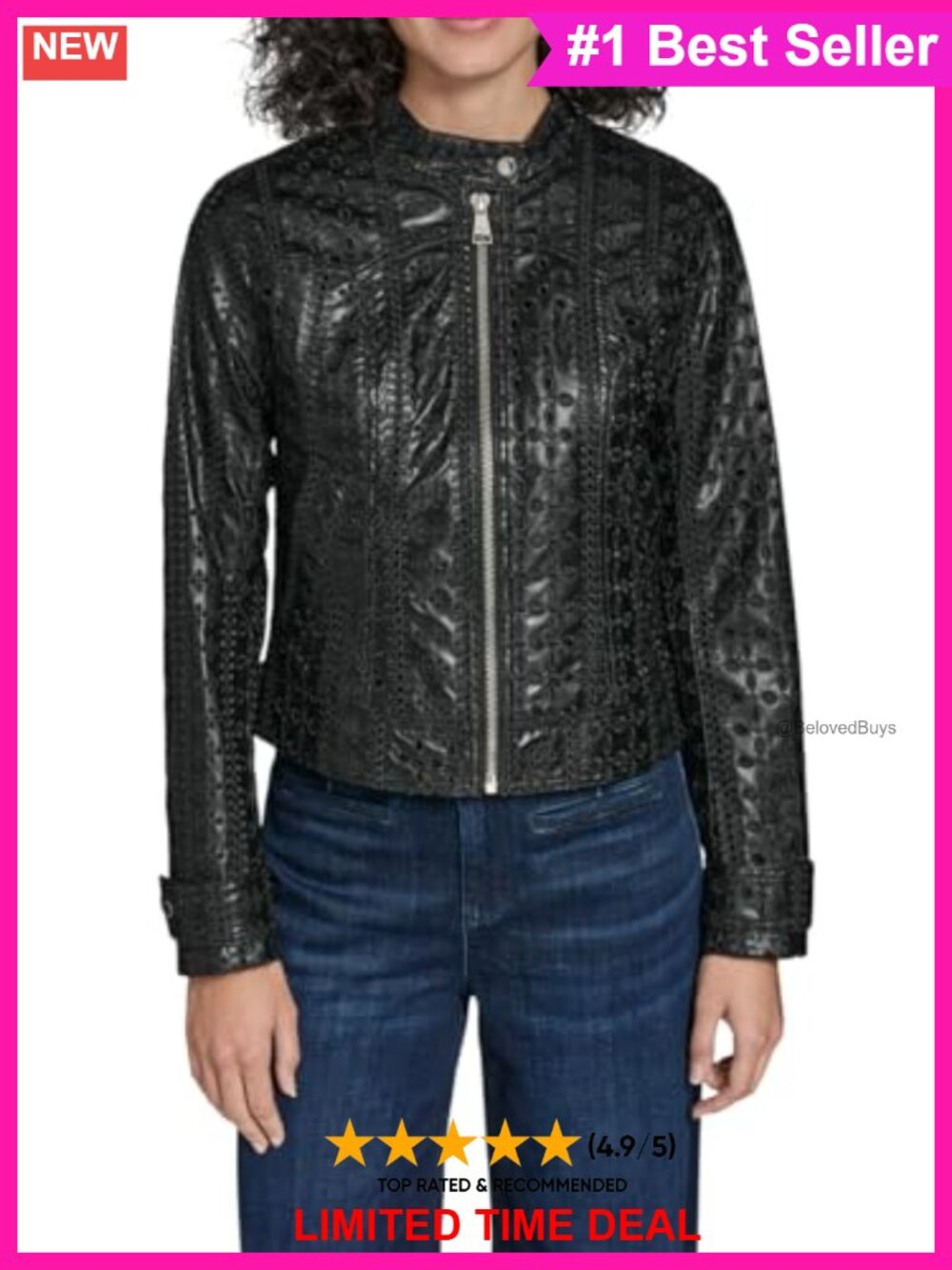 Eyelet Faux Leather Moto Jacket Long Sleeve Zip Up Layer Women